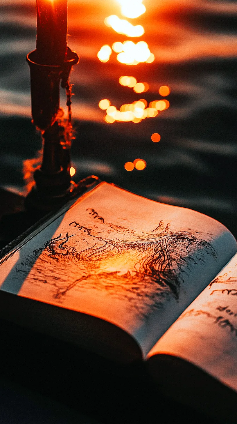 20+ Trendy Sea Witchery Wallpapers You Can't Get Around on Pinterest Right Now 12 Open book illuminated by the warm glow of a sunset and a candle, creating an interplay of light and shadow, set against a serene natural backdrop, symbolizing tranquility and the joy of reading.
