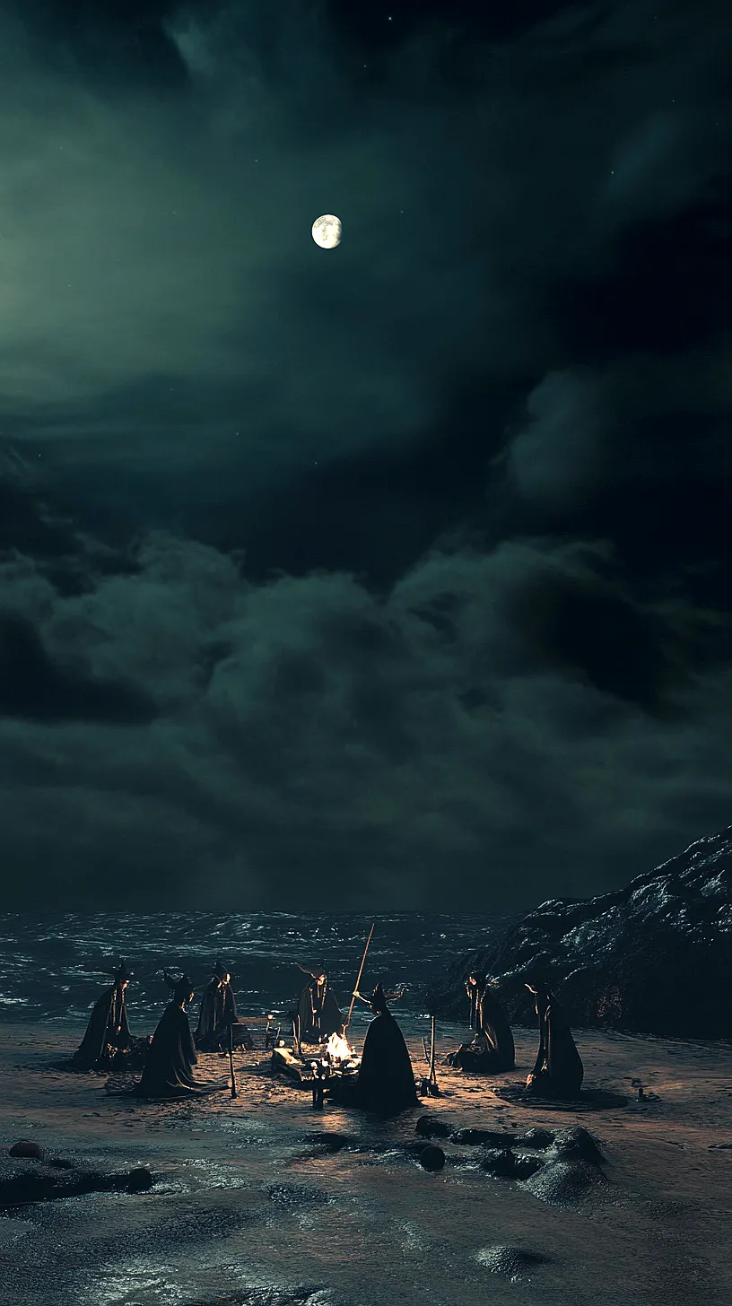 20+ Trendy Sea Witchery Wallpapers You Can't Get Around on Pinterest Right Now 5 Group of people gathered on a rocky beach under a moonlit night sky, creating a mysterious and captivating scene suggestive of a secret gathering or ancient ritual.