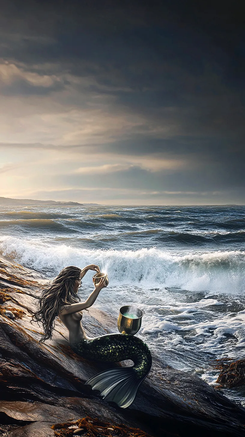 20+ Trendy Sea Witchery Wallpapers You Can't Get Around on Pinterest Right Now 3 A mermaid poised on a rocky shore, holding a goblet with waves crashing around her in a stormy sea landscape. A second, undefined goblet adds a sense of mystery. The design captures the allure of mythical creatures and the charm of the ocean.