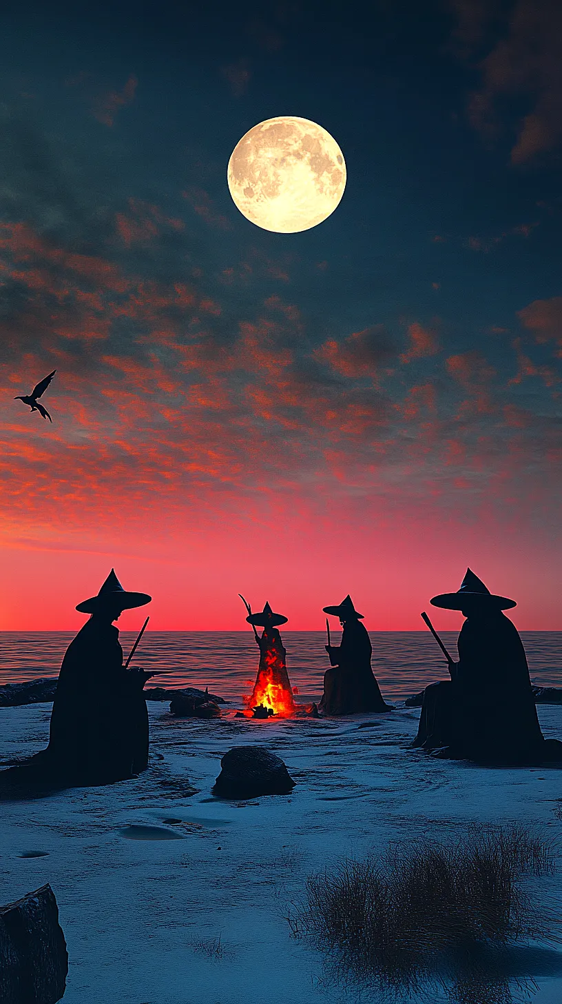 20+ Trendy Sea Witchery Wallpapers You Can't Get Around on Pinterest Right Now 6 Four mysterious figures embarking on an adventure under a vibrant red and blue gradient sky, with a full moon casting light over a serene ocean.