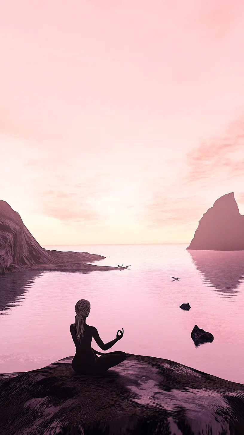 20+ Trendy Sea Witchery Wallpapers You Can't Get Around on Pinterest Right Now 15 Image of a serene landscape with a person in a meditative pose. The scene is bathed in gentle pink hues, suggesting a quiet sunrise or soothing sunset. Birds and distant mountains add depth, enhancing the overall tranquility of the image.