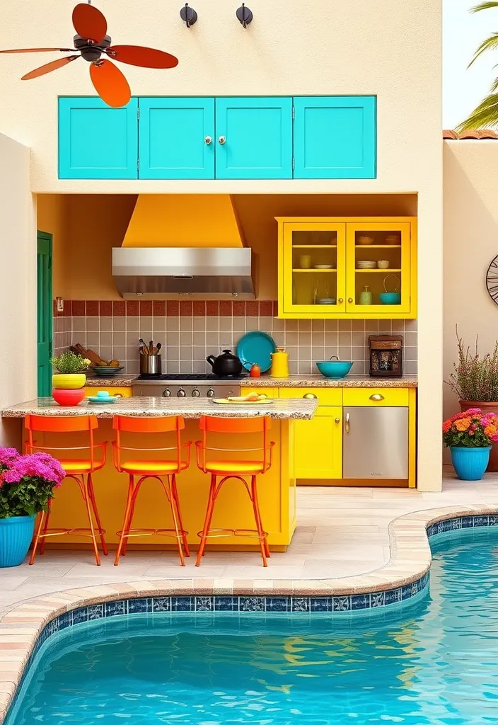 15 Stunning Pool House Kitchen Designs That'll Make You Want to Dive Right In! 11 22 Stunning Pool House Kitchen Designs That'll Make You Want to Dive Right In! - 10. Colorful Accents