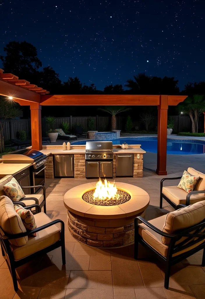 15 Stunning Pool House Kitchen Designs That'll Make You Want to Dive Right In! 13 22 Stunning Pool House Kitchen Designs That'll Make You Want to Dive Right In! - 12. Fire Pit Integration