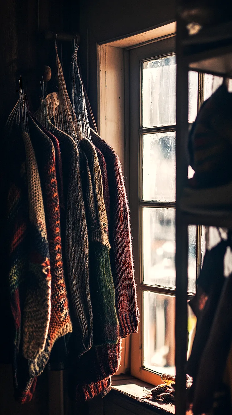 30+ Fisherman Aesthetic Knitwear Ideas 2025 32 Handmade, colorful sweaters hanging casually by a sunlit window, giving off a cozy, homely vibe.
