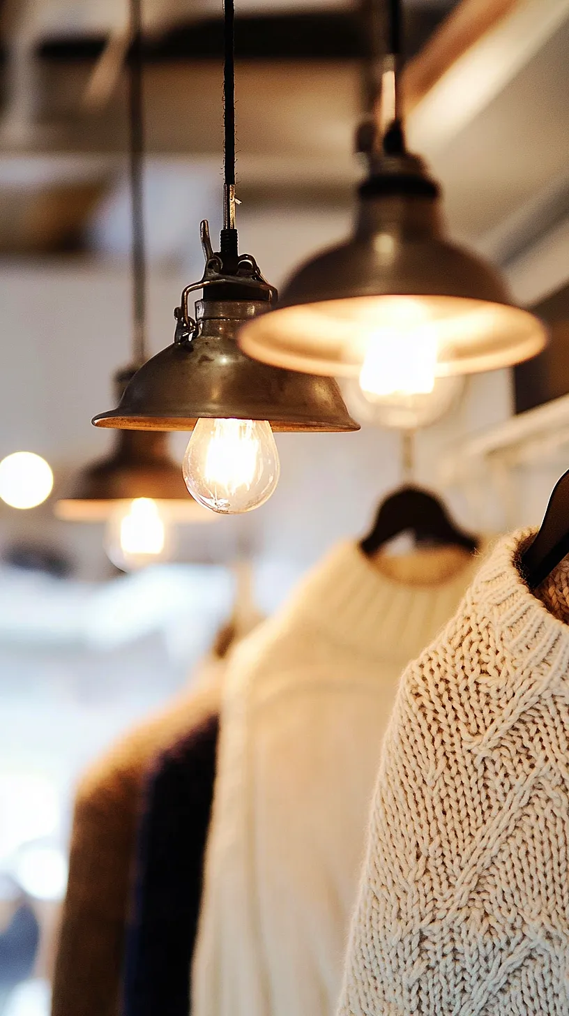 30+ Fisherman Aesthetic Knitwear Ideas 2025 31 Image of warm lighting fixtures hanging from the ceiling, casting a cozy glow on knitted sweaters in the foreground, creating an atmosphere of comfort and homeliness reminiscent of autumn or winter.