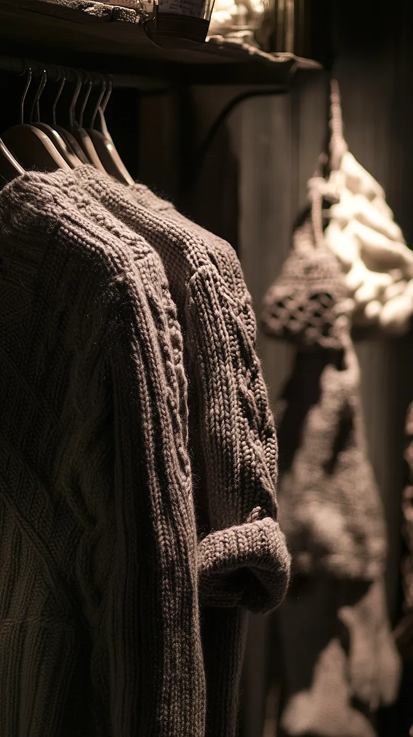 30+ Fisherman Aesthetic Knitwear Ideas 2025 30 Image of dark, textured knit sweaters under warm, low lighting, conveying a cozy and stylish vibe. Each sweater appears unique, suggesting a distinct story through its pattern.