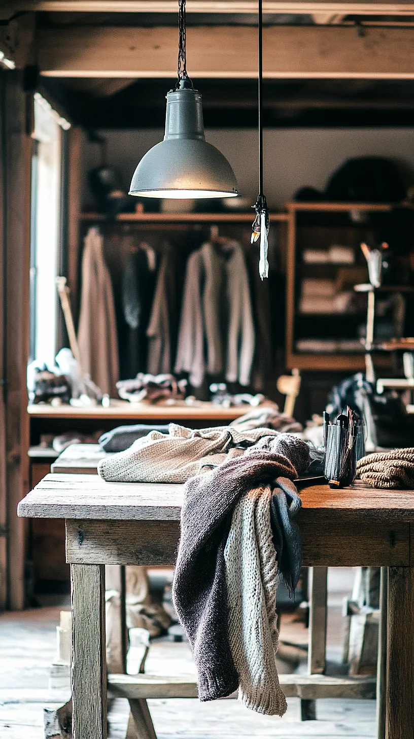 30+ Fisherman Aesthetic Knitwear Ideas 2025 29 Rustic interior featuring a wooden table covered in knitted garments, an industrial-style lamp hanging above, and shelves filled with various clothing items in the background, creating a cozy, warm atmosphere with a vintage vibe.