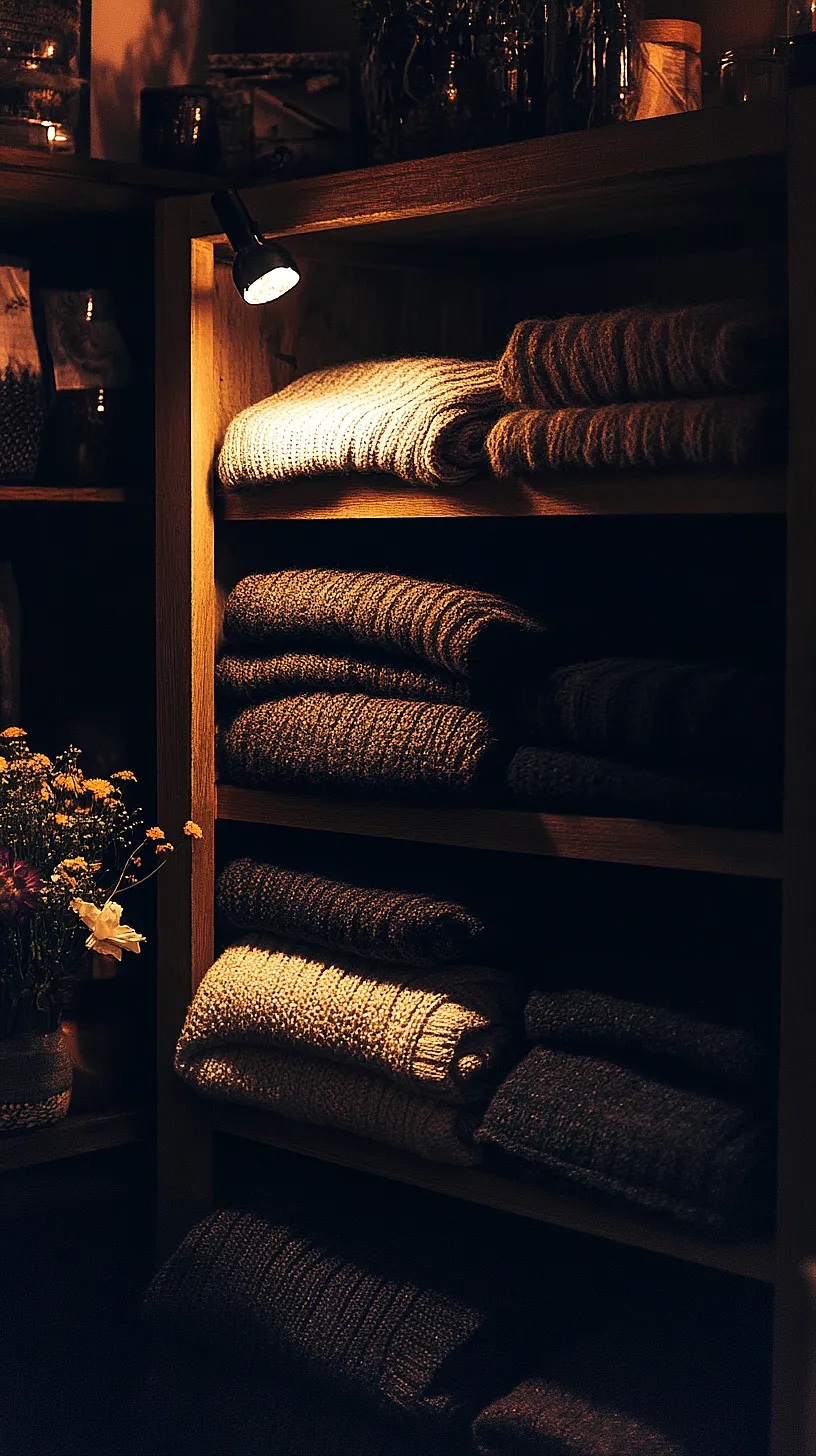 30+ Fisherman Aesthetic Knitwear Ideas 2025 28 Neatly stacked sweaters on wooden shelves under warm lighting, with a vase of flowers on the left, creating a cozy and inviting atmosphere.