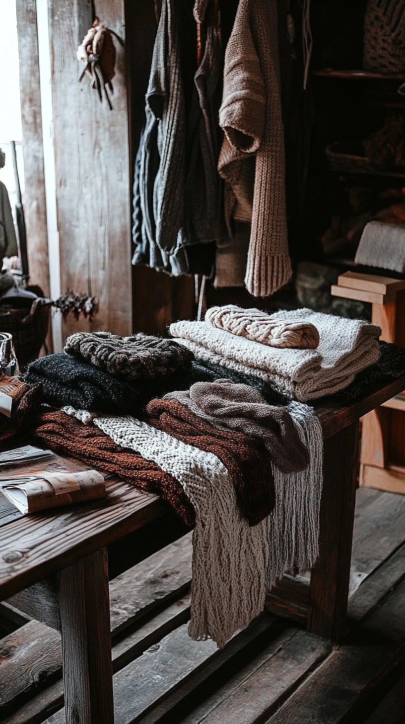 30+ Fisherman Aesthetic Knitwear Ideas 2025 27 Rustic wooden table filled with knitted garments, with a backdrop of wooden walls and hanging knitwear, creating a cozy and warm atmosphere with a contrasting texture of rough wood and soft knitwear.