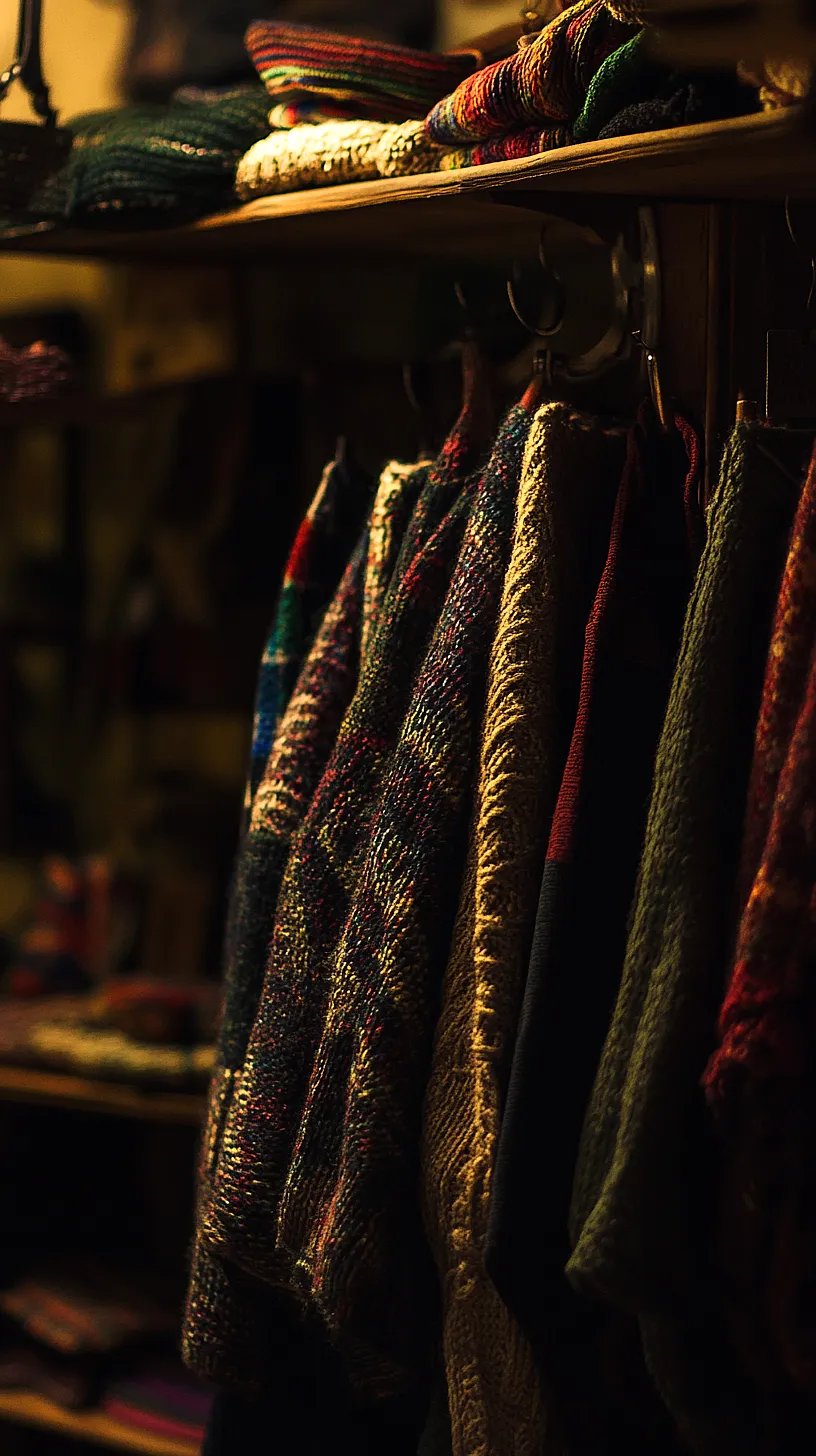 30+ Fisherman Aesthetic Knitwear Ideas 2025 26 Image of a dimly lit room featuring a variety of colorful and patterned knitwear hung on hooks, creating a warm and cozy ambiance. Above, a shelf neatly holds folded items, exemplifying a practical and clever use of space.