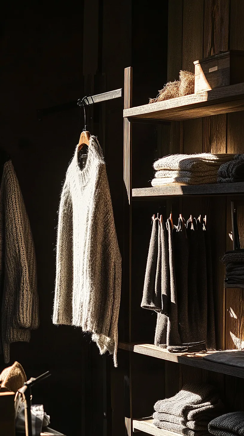 30+ Fisherman Aesthetic Knitwear Ideas 2025 25 Prominently displayed knitted sweater on a rack, illuminated by natural light, showcasing its warm and soft texture and intricate craftsmanship.