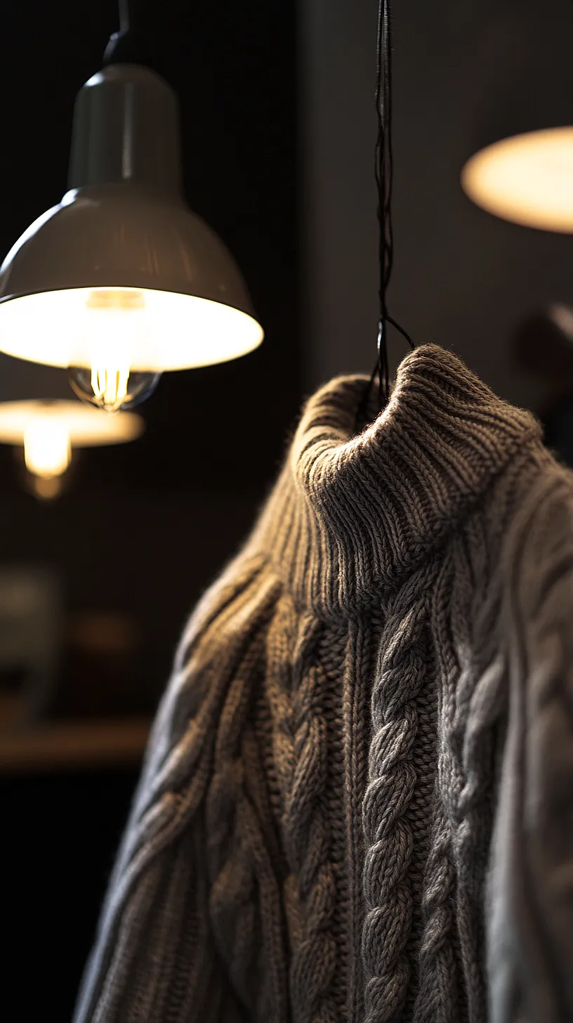 30+ Fisherman Aesthetic Knitwear Ideas 2025 22 Image of a high collar, cable knit wool sweater. The background features softly lit hanging lamps, creating a cozy and inviting atmosphere. The sweater exudes an air of undefined coolness and sophistication.