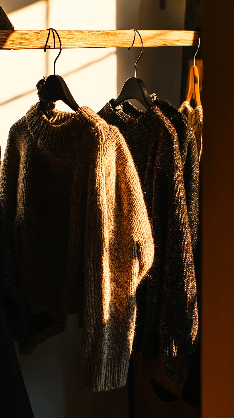 30+ Fisherman Aesthetic Knitwear Ideas 2025 21 Image of warmly lit sweaters hanging on black hangers against a wooden rod, creating an inviting and cozy atmosphere, illustrating a simple yet charming interior design.