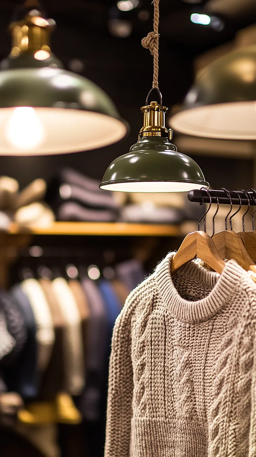 30+ Fisherman Aesthetic Knitwear Ideas 2025 20 A cozy knitted sweater hangs on a hanger, highlighted by warm pendant lights. The sweater stands out against a soft, blurred background of other fashionable garments, creating a stylish and inviting atmosphere.