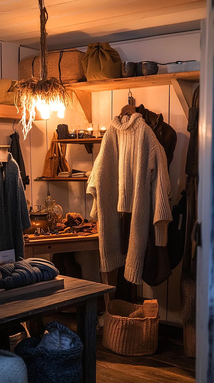 30+ Fisherman Aesthetic Knitwear Ideas 2025 18 Image of a cozy, rustic interior featuring wooden elements, knitted garments, and warm, ambient lighting. A bulb with a natural cover provides elegant illumination. Shelves display an assortment of bags, candles, and small containers, contributing to a homey atmosphere. A woven basket sits on the floor, completing the homely decor.