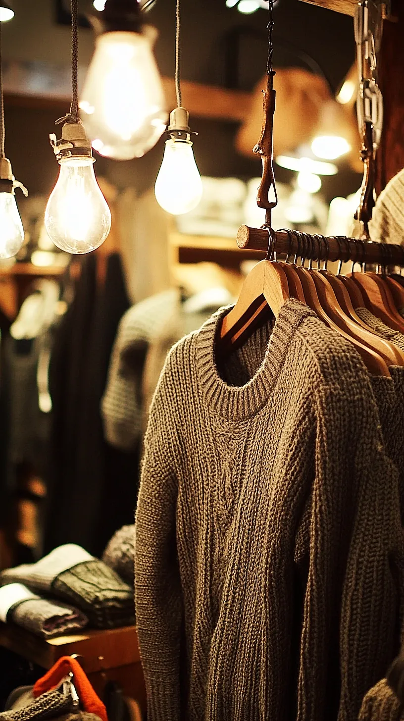 30+ Fisherman Aesthetic Knitwear Ideas 2025 16 Cozy retail scene with warm lighting and hanging light bulbs, featuring a prominent cable-knit sweater on a wooden hanger, with more folded knitwear in the background, creating a welcoming ambiance ideal for comfy reading and stylish autumn wear.