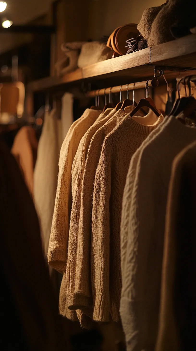30+ Fisherman Aesthetic Knitwear Ideas 2025 14 Image of a collection of beige sweaters neatly arranged on wooden hangers, with additional folded clothes and accessories displayed on the shelf above. The warm lighting enhances the cozy and inviting atmosphere.