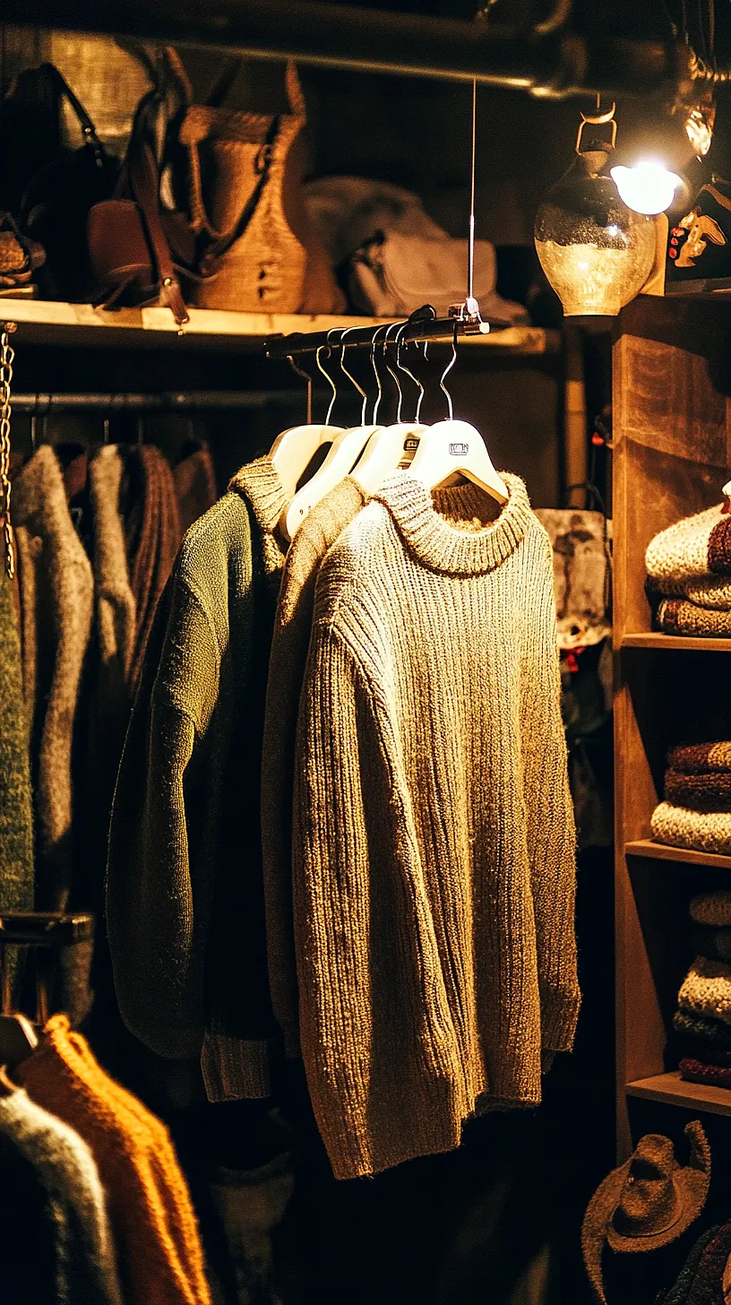 30+ Fisherman Aesthetic Knitwear Ideas 2025 13 A warmly lit, cozy clothing store with an inviting, rustic vibe. Shelves are organized with neatly folded clothes and bags, creating a serene fashion haven.