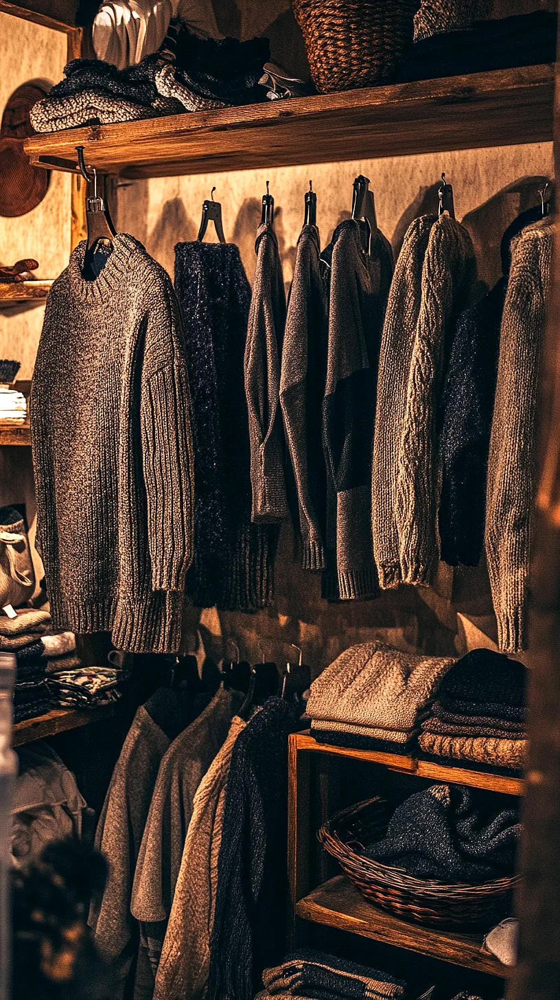 30+ Fisherman Aesthetic Knitwear Ideas 2025 12 A collection of cozy, knitted sweaters in warm tones and various patterns, neatly folded on a wooden shelf, creating a homey and stylish display.
