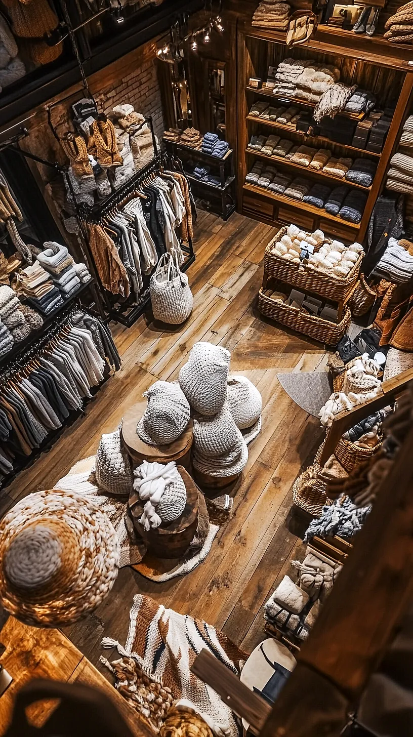 30+ Fisherman Aesthetic Knitwear Ideas 2025 8 Interior of a cozy clothing store with wooden floors and racks filled with warm sweaters and knitted items, decorated in natural, earthy tones with charming baskets, bags, and throws, creating a unique and inviting atmosphere.