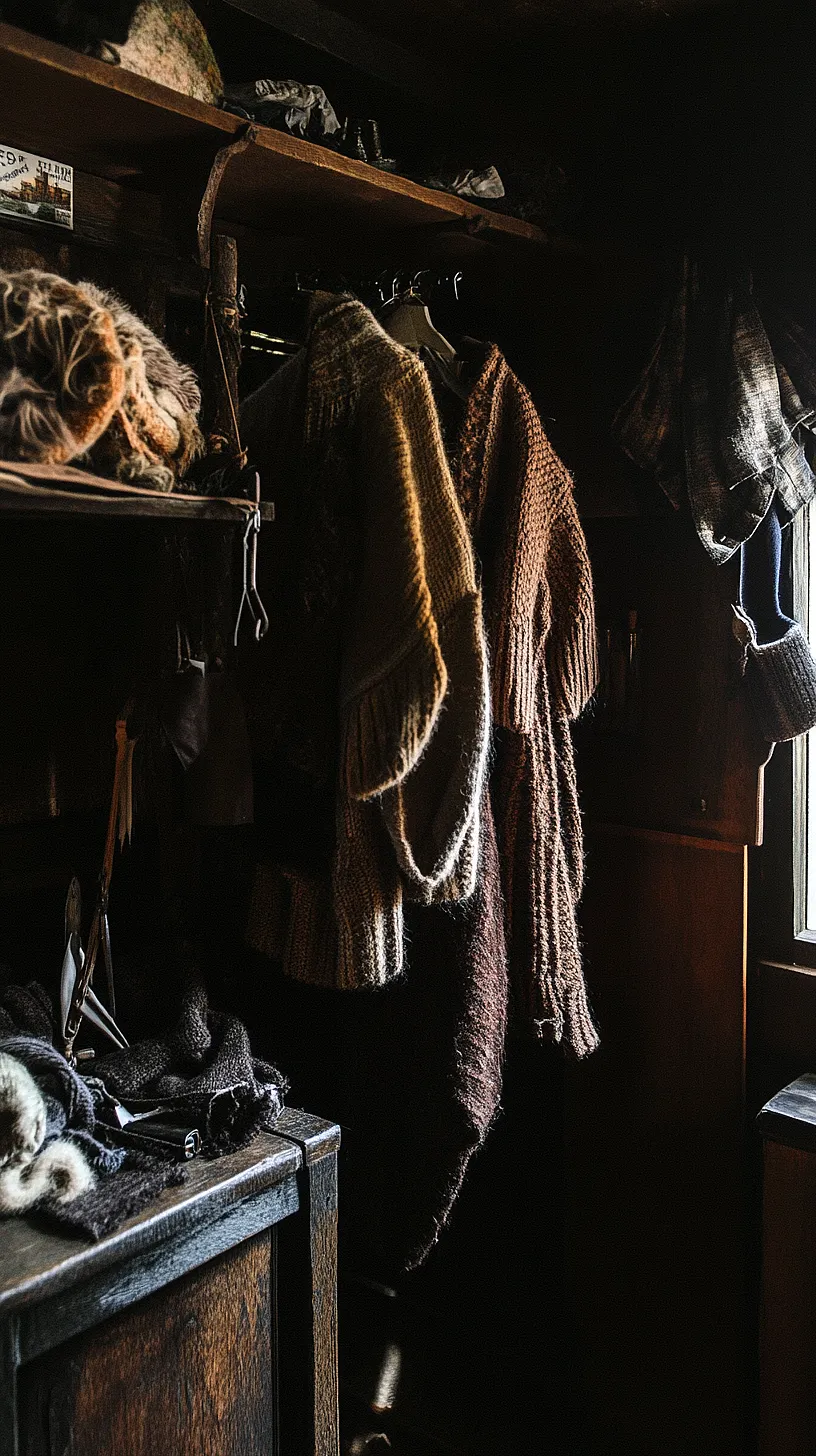 30+ Fisherman Aesthetic Knitwear Ideas 2025 7 Image of a cozy, dimly lit room filled with an array of woolen sweaters, hats, and shawls arranged on rustic wooden furniture, bathed in warm late-day sunlight, evoking a sense of comfort and warmth.