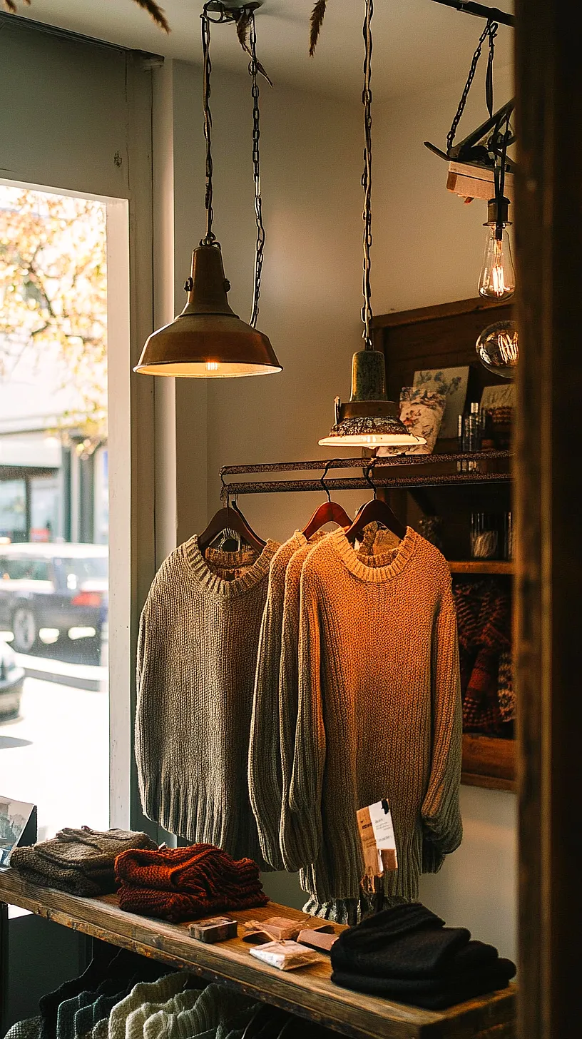 30+ Fisherman Aesthetic Knitwear Ideas 2025 6 A warm, inviting clothing store with a rustic design featuring hanging lights illuminating knitted sweaters, and a wooden table filled with neatly folded hats and scarves.