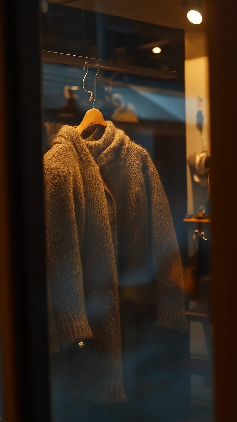 30+ Fisherman Aesthetic Knitwear Ideas 2025 5 Cozy, textured sweater displayed behind glass, exuding warmth and sophistication under a warm light, representing both comfort and style.