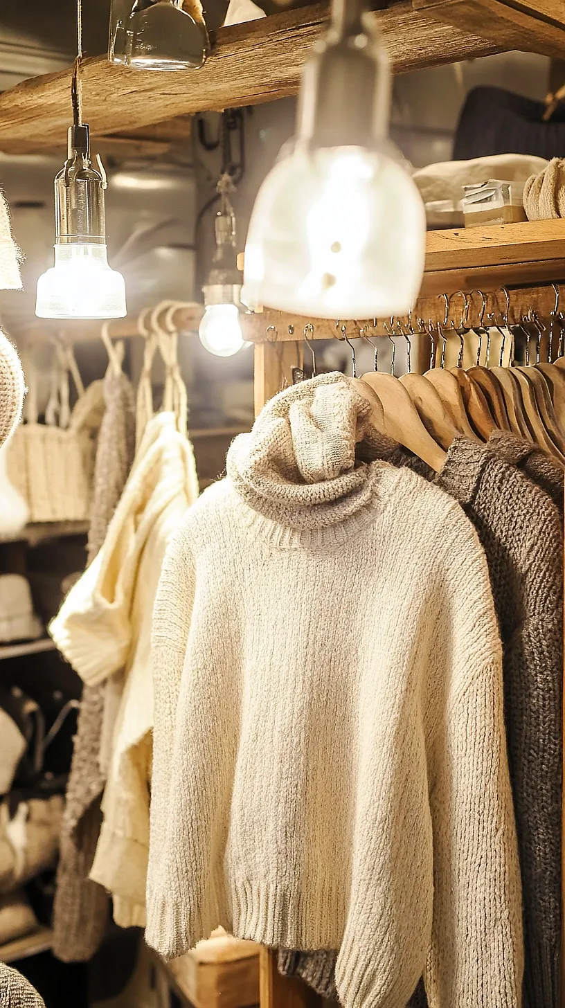 30+ Fisherman Aesthetic Knitwear Ideas 2025 4 Image of a cozy clothing store with warm lighting, featuring knit sweaters on wooden hangers that create a comforting, home-like atmosphere.