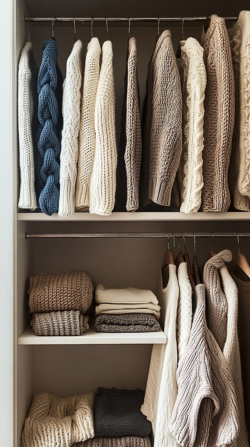 30+ Fisherman Aesthetic Knitwear Ideas 2025 3 Image of a well-organized closet featuring a variety of knitted sweaters in shades of blue, white, beige, and brown, neatly hung and folded on shelves, showcasing a blend of practicality and aesthetics.