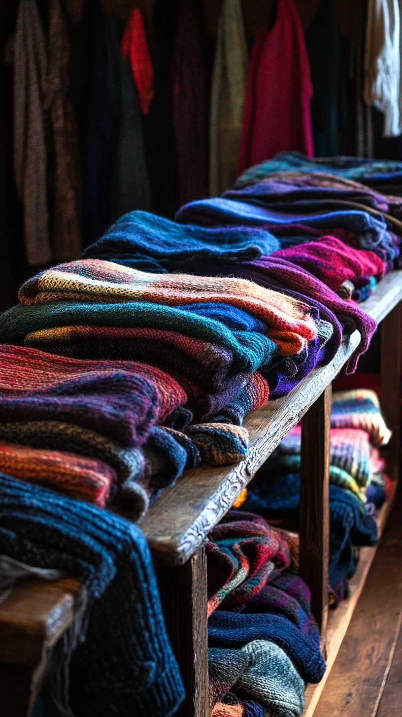 30+ Fisherman Aesthetic Knitwear Ideas 2025 2 A collection of vibrant, colorful knitted garments arranged on a wooden shelf, featuring a range of colors from soothing blues and purples to fiery reds and oranges, adding a lively and charming touch to the room.