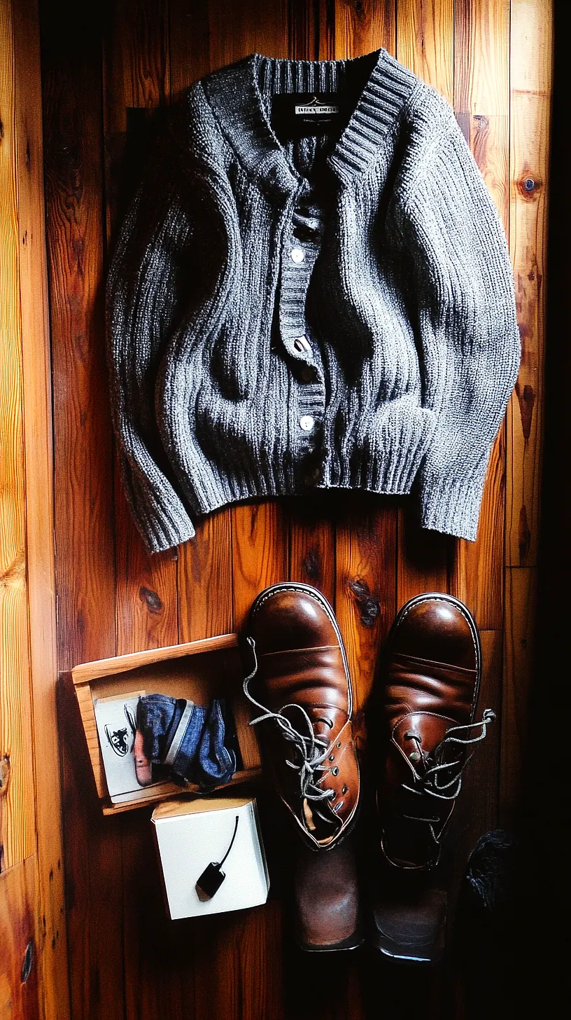 40+ Fisherman Aesthetic Outfits You'll Need To See 20 A laid-out ensemble on a wooden floor featuring a grey knit cardigan, brown leather boots, socks, a box, and an electronic device, arranged in a simple yet stylish manner.