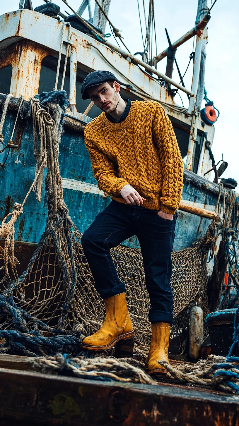 40+ Fisherman Aesthetic Outfits You'll Need To See 43 Person in a mustard-yellow sweater and matching yellow boots, posed against a rustic fishing boat. They are also wearing dark jeans and a flat cap, adding an old-school touch to their rugged style, evoking a maritime narrative.