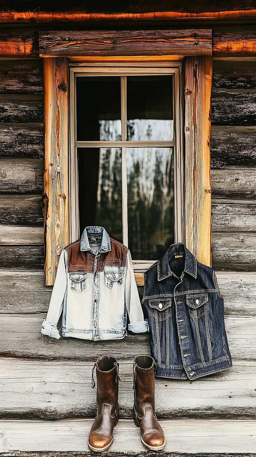 40+ Fisherman Aesthetic Outfits You'll Need To See 9 Two individuals wearing denim jackets and brown leather boots posing in front of a rustic wooden cabin, embodying a laid-back, adventure-inspired style that highlights the beauty of nature.