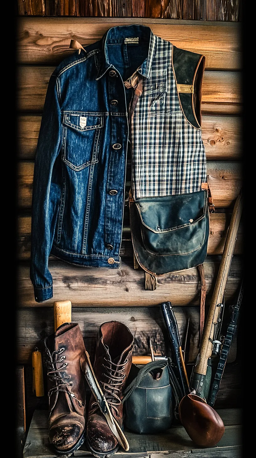 40+ Fisherman Aesthetic Outfits You'll Need To See 10 Image of a rugged, outdoorsy ensemble featuring a denim jacket and plaid vest with leather details hanging on a wooden wall. Beside it are worn leather boots with a knife tucked inside, a green bag or canteen, and a collection of utility items including an axe handle, a rifle, and a spade, reflecting a vibe of adventure and outdoor fun.