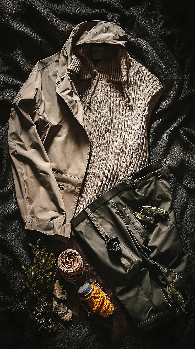 40+ Fisherman Aesthetic Outfits You'll Need To See 15 Image of a rugged outdoor gear arrangement featuring a tan jacket, a thick knit sweater, and dark pants, accompanied by accessories such as a coiled rope, a yellow cord-wrapped bottle, and a wristwatch, embodying a strong sense of adventure and spontaneity, ideal for outdoor exploration.