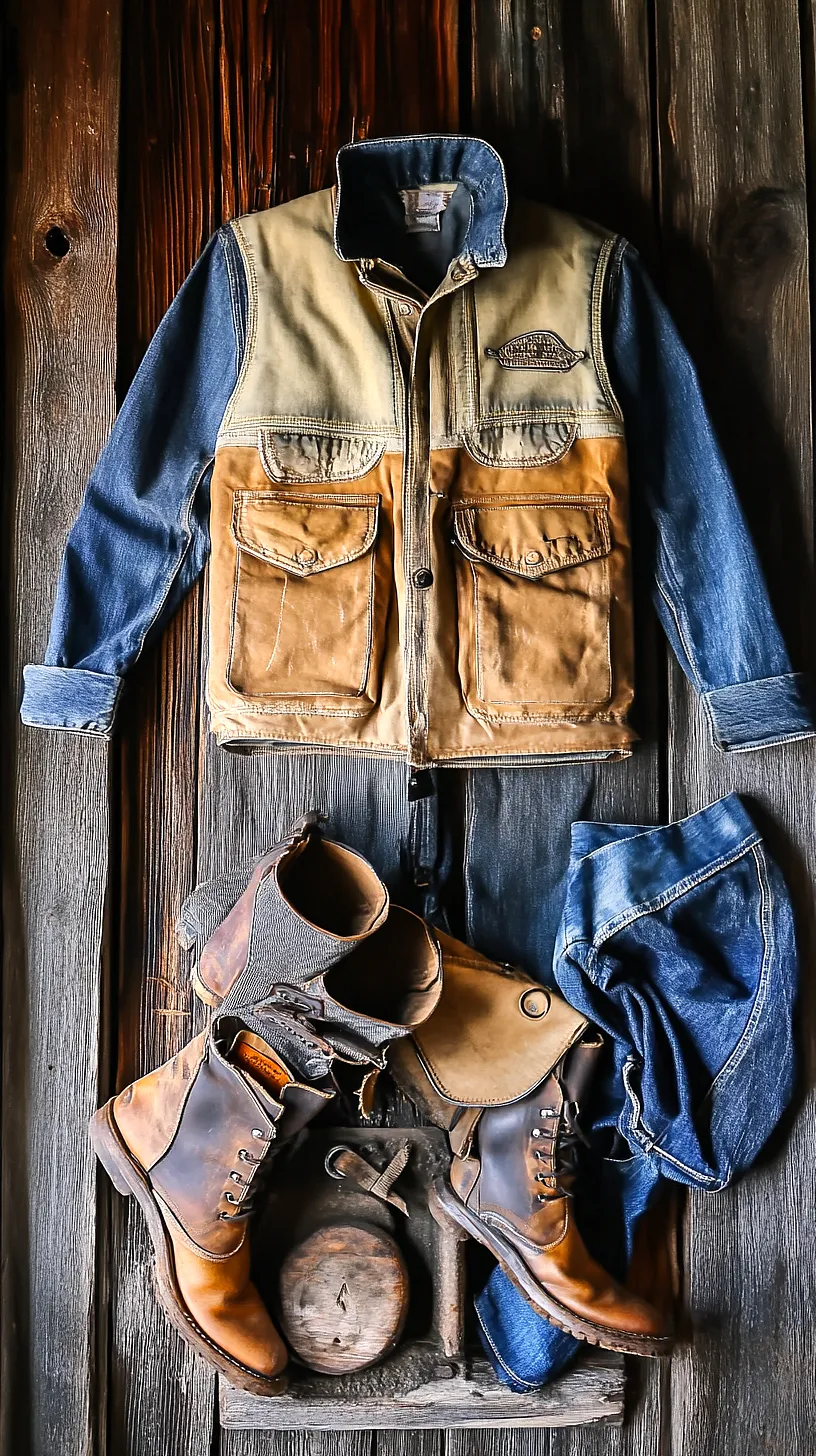 40+ Fisherman Aesthetic Outfits You'll Need To See 11 Person wearing a workwear-inspired outfit featuring sturdy boots, denim jeans, and a versatile multi-pocketed denim and canvas jacket, embodying a rugged and outdoorsy aesthetic.