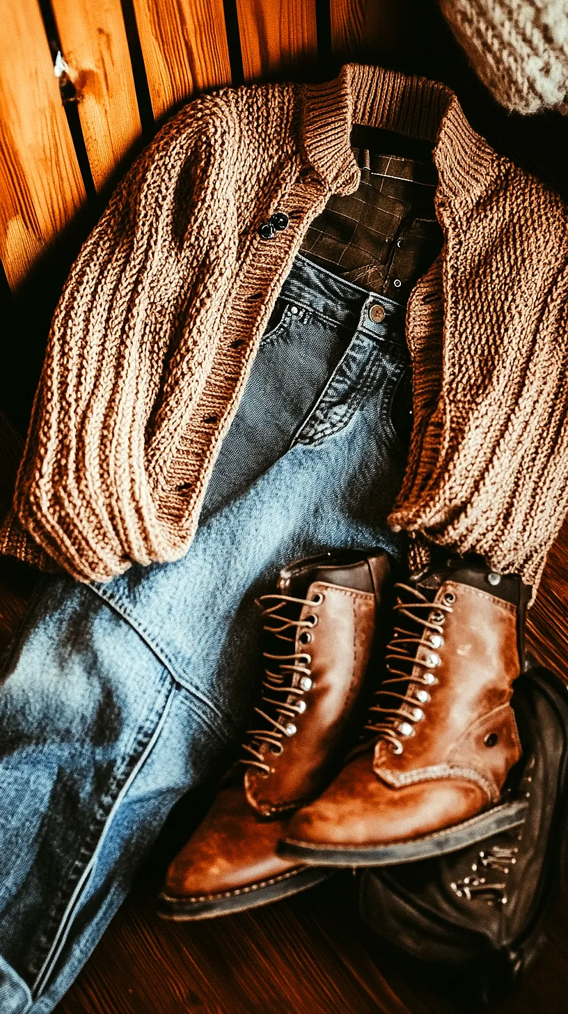 40+ Fisherman Aesthetic Outfits You'll Need To See 18 Image of a casual, rustic outfit consisting of classic blue jeans, brown boots, and a knitted cardigan, symbolizing comfort and a touch of rugged charm.