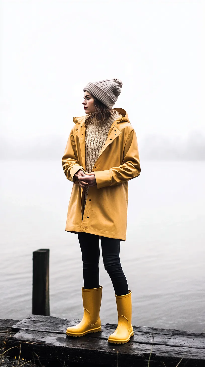 40+ Fisherman Aesthetic Outfits You'll Need To See 3 Image of a person in a yellow raincoat and boots, wearing a cozy knitted sweater and beanie, standing in an undefined, misty setting, creating a mysterious and stylish vibe.