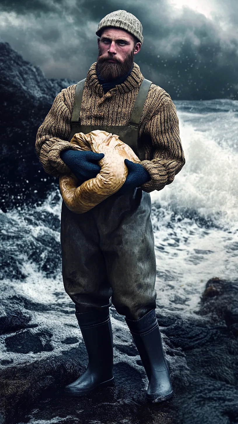 40+ Fisherman Aesthetic Outfits You'll Need To See 24 Image of a bearded man in overalls and knit cap, holding an undefined object wrapped in cloth, standing in a stormy maritime setting, conveying a rugged and mysterious charm.