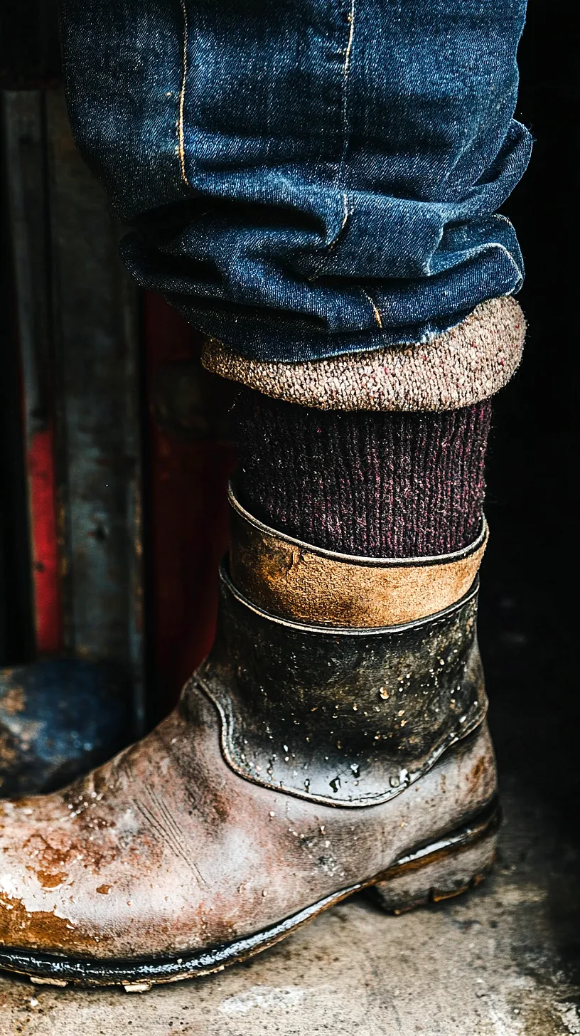 40+ Fisherman Aesthetic Outfits You'll Need To See 26 Image of a worn, muddy leather boot covered in water droplets, symbolising adventure, raw experiences, and the rugged outdoorsman lifestyle.