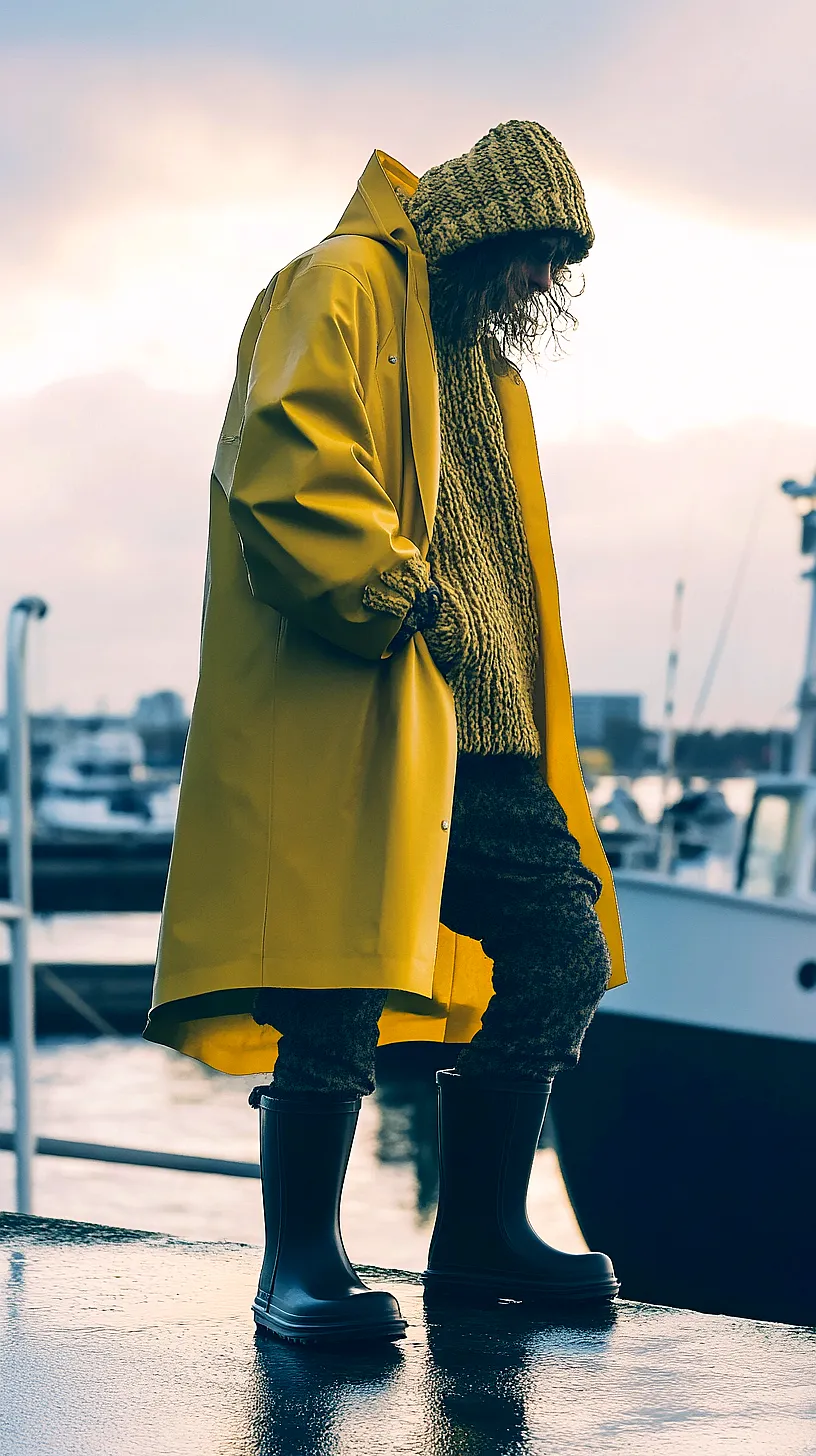 40+ Fisherman Aesthetic Outfits You'll Need To See 4 Person wearing a vibrant yellow raincoat with a knitted hood and classic black boots, standing on a serene dock on a rainy day, providing a contrast against the calm waterside setting.