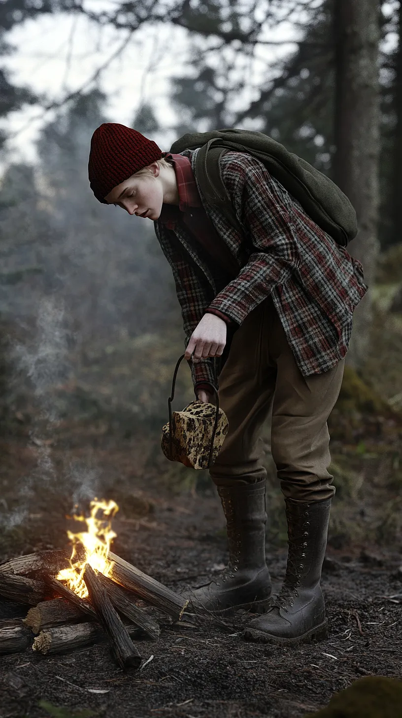 40+ Fisherman Aesthetic Outfits You'll Need To See 34 Person wearing a red knit hat, plaid jacket and boots, holding a rustic teapot near a smoky campfire, embodying a comfy, adventurous and nature-inspired aesthetic.