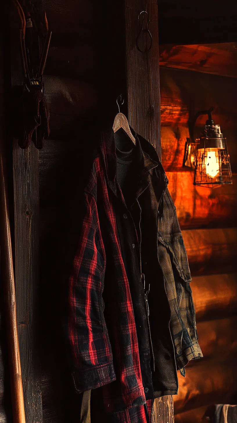 40+ Fisherman Aesthetic Outfits You'll Need To See 39 Image of flannel shirts hanging on a rustic wooden wall, illuminated by the cozy glow from a lantern-style light, creating a warm and welcoming atmosphere.