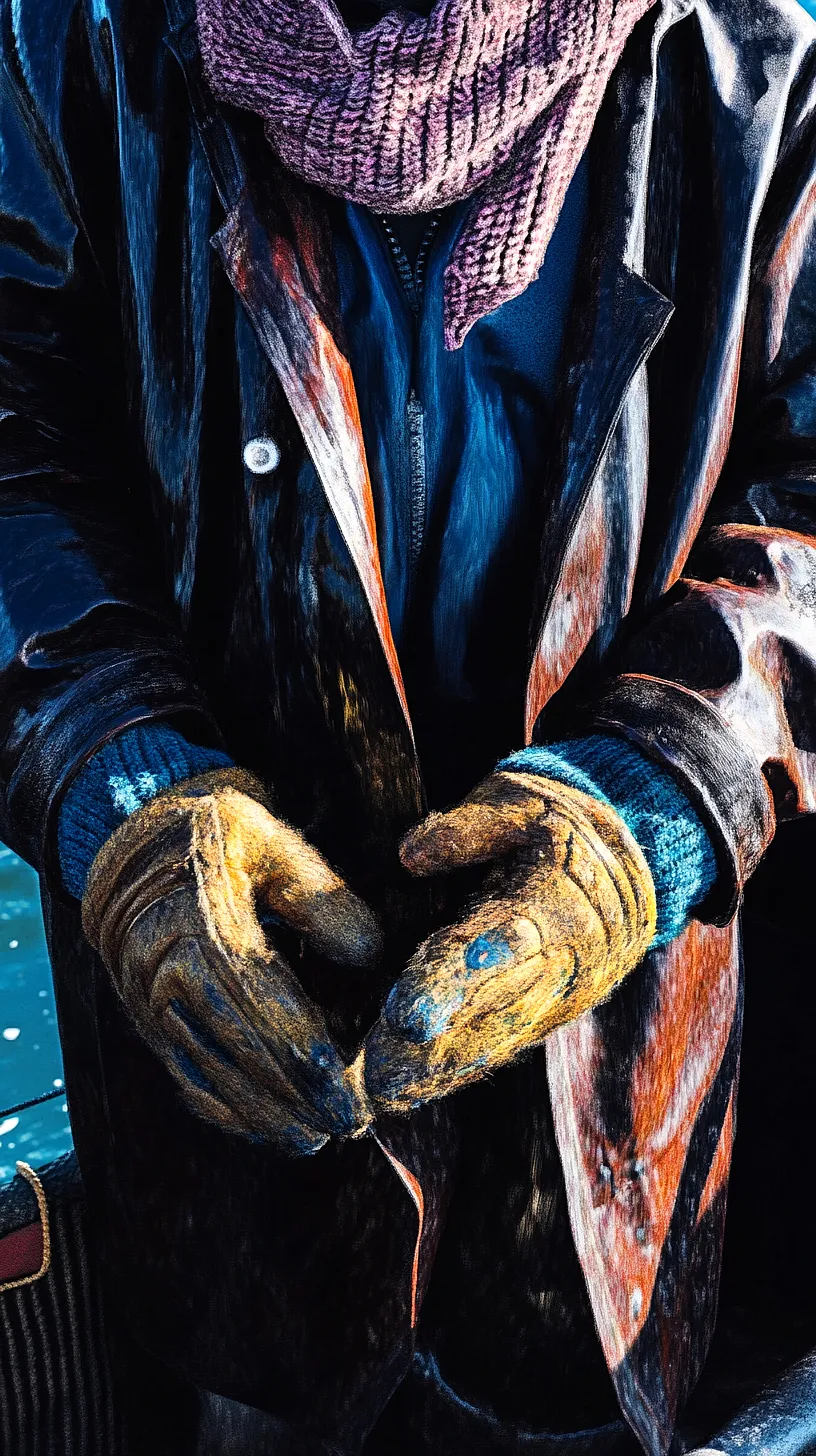 40+ Fisherman Aesthetic Outfits You'll Need To See 32 A person dressed warmly in a heavy coat, scarf, and worn gloves for winter outdoor adventures, showing a sense of rugged charm and preparedness for the cold.