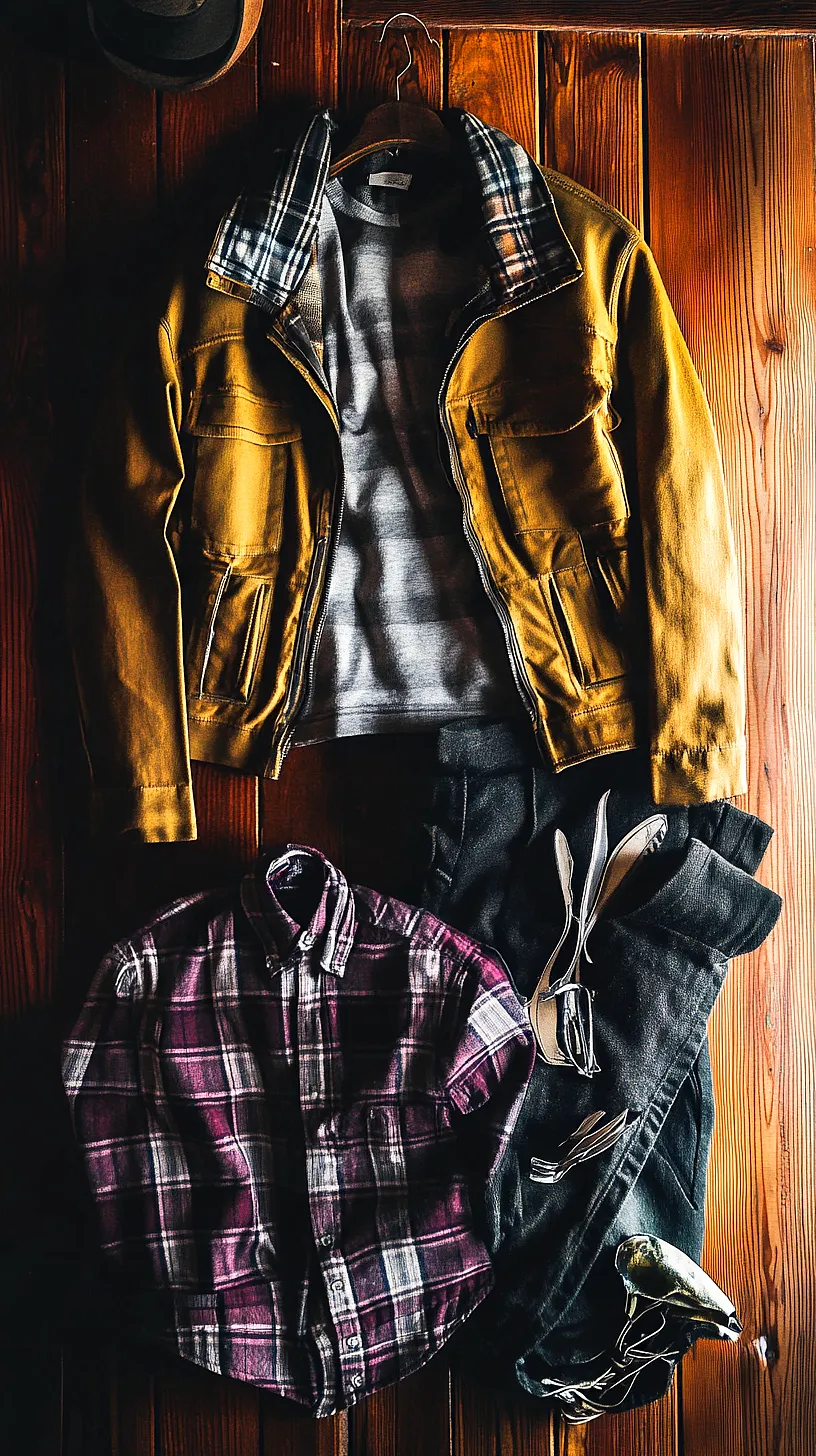 40+ Fisherman Aesthetic Outfits You'll Need To See 40 Flat lay image of a stylish clothing ensemble on a wooden surface, featuring a mustard-colored jacket with plaid inner lining, a burgundy plaid shirt, black jeans, brown shoes, a grey sweater, sunglasses and a hat peeking from the corner.