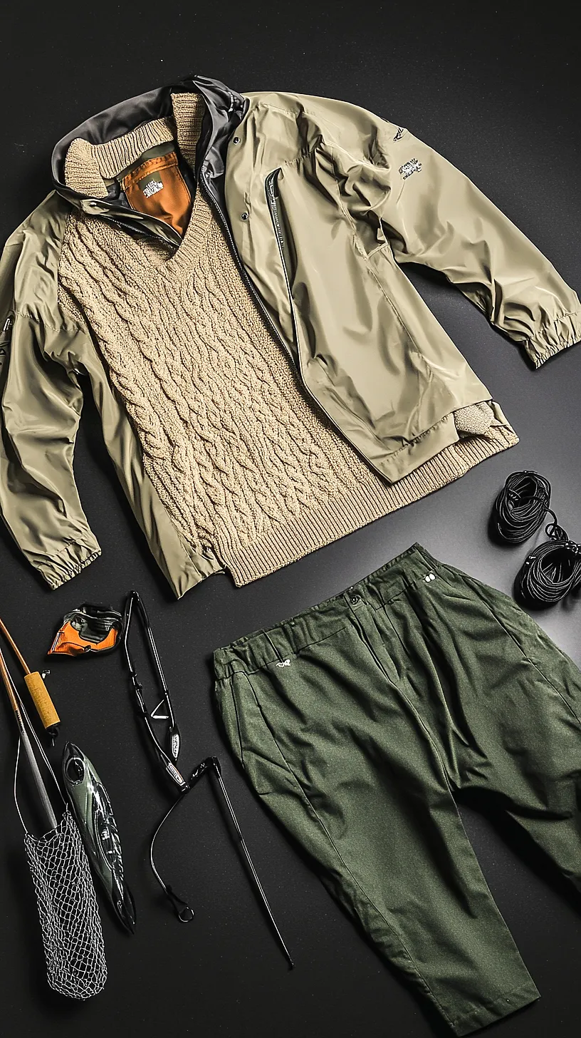 40+ Fisherman Aesthetic Outfits You'll Need To See 14 Image of a stylish outdoor ensemble consisting of a beige cable knit sweater, lightweight khaki jacket, green pants and rolled-up black cord. Accessories include sunglasses, a fishing rod, reel, and net. This outfit represents a blend of style and practicality for outdoor adventures.