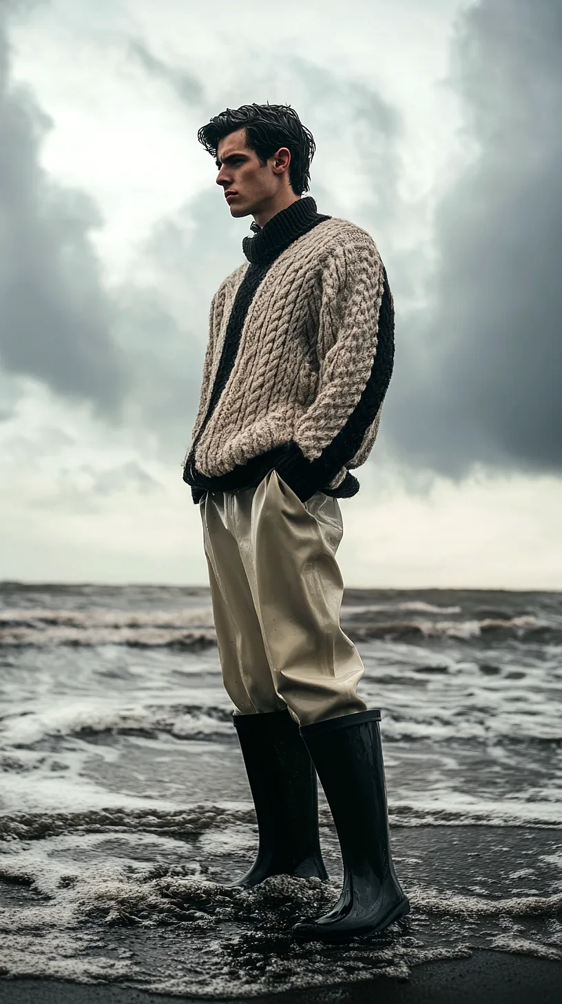 40+ Fisherman Aesthetic Outfits You'll Need To See 22 Person in thick cable-knit sweater and rubber boots standing against a cloudy, moody backdrop representing freedom and introspection, highlighting the beauty in stormy situations.