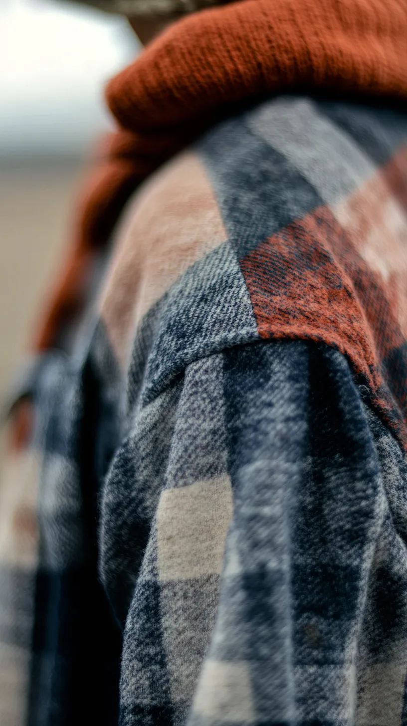 40+ Fisherman Aesthetic Outfits You'll Need To See 7 Image of a plaid flannel shirt featuring a blend of blues, grays, and a pop of orange, suggesting cozy autumn vibes. It is paired with an orange knitted scarf, creating a casual yet stylish look.