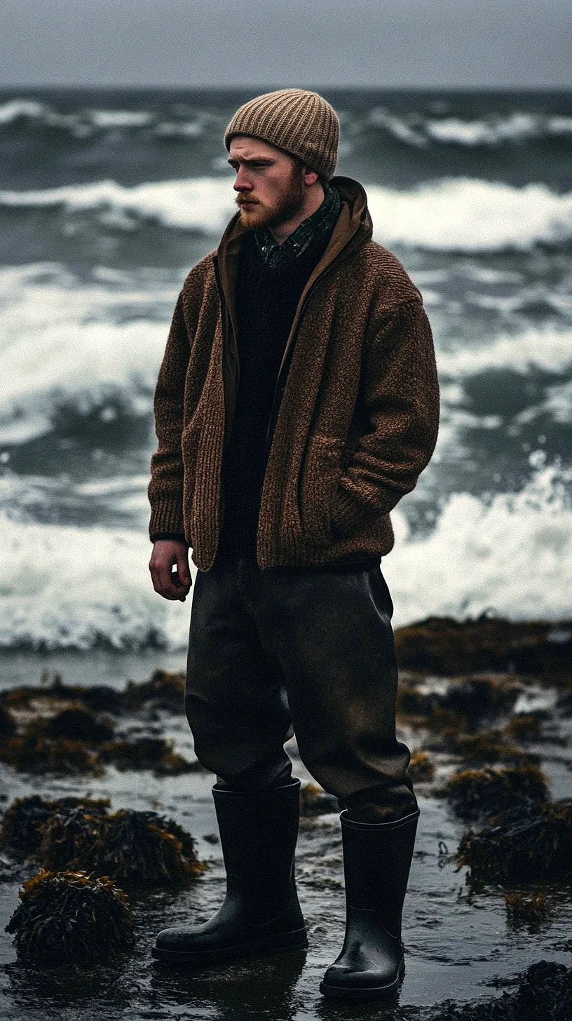 40+ Fisherman Aesthetic Outfits You'll Need To See 23 Image of a person in distinctive attire standing on a rocky shoreline with powerful waves crashing around them, creating a moody and captivating coastal atmosphere that embodies the essence of wild, untamed nature.