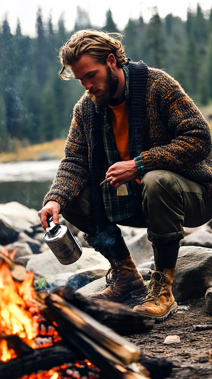 40+ Fisherman Aesthetic Outfits You'll Need To See 33 Bearded individual crouched near a campfire in the wilderness, seasoning a can of food, with a backdrop of trees and water, embodying outdoor adventure, self-reliance, and connection with nature.